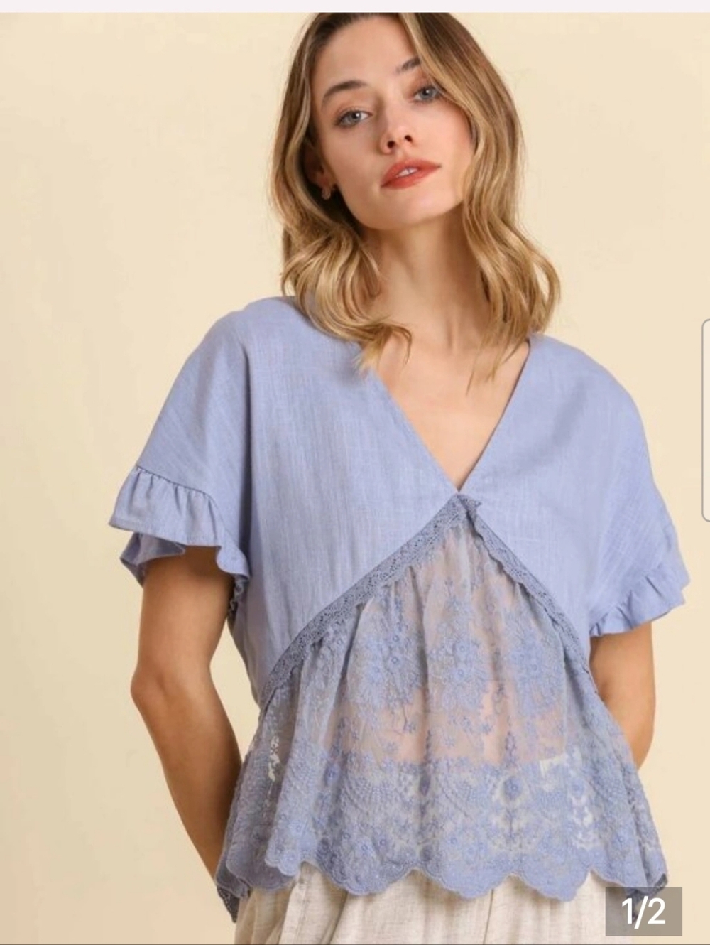 B33 Umgee Linen Blend V-Neck Sheer Lace Scallop Top Ruffle Sleeves Blue NEW
